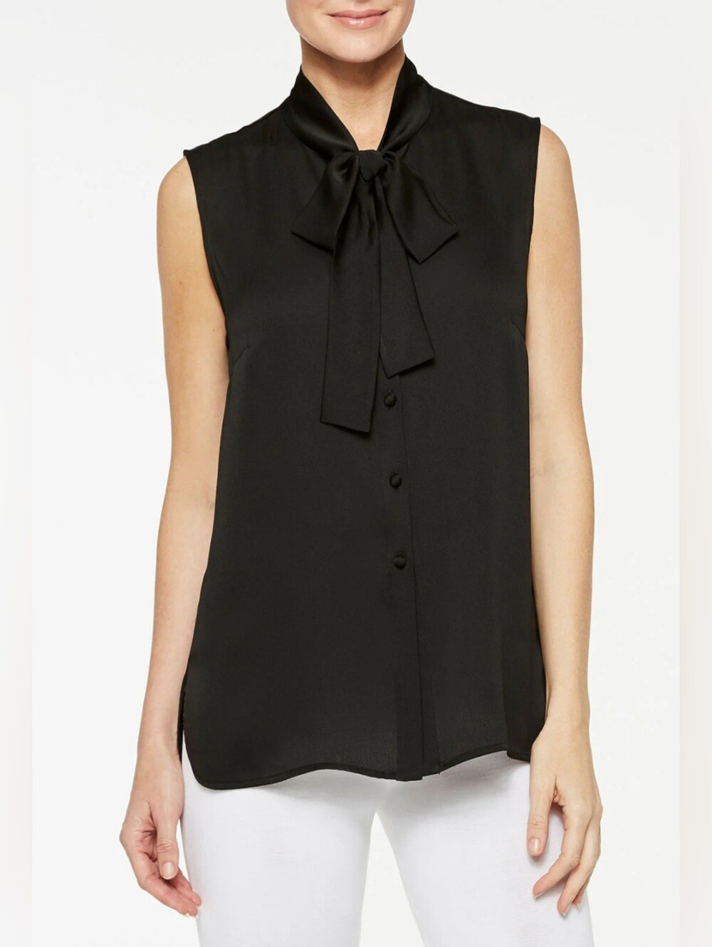 Misook Tie Neck Crepe De Chine Sleeveless Black Blouse Career Quiet Luxury Party